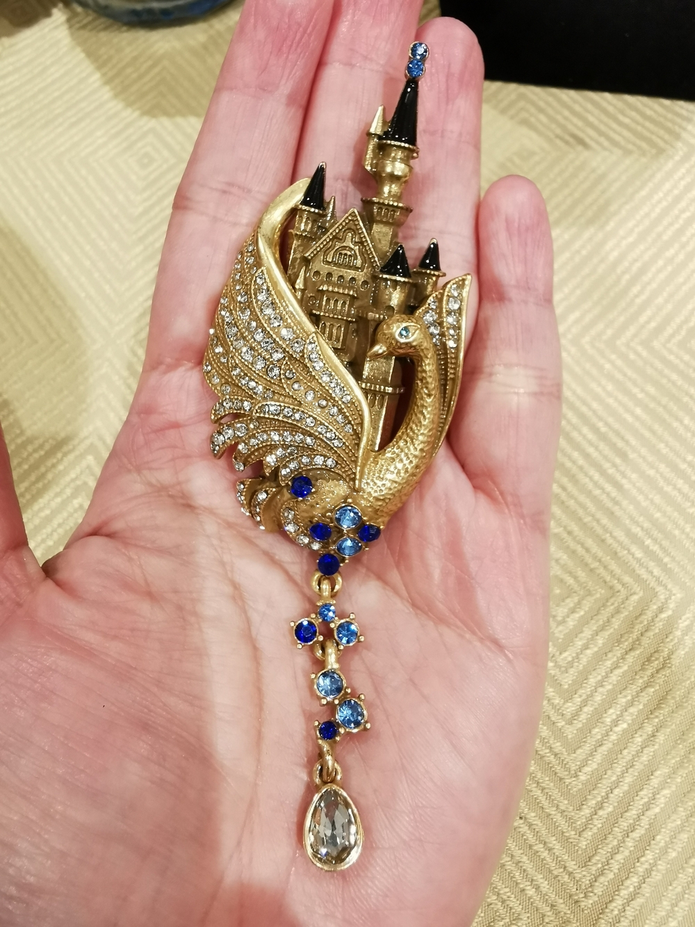 Gold-Tone Swan Castle Brooch with Blue and Clear Crystals